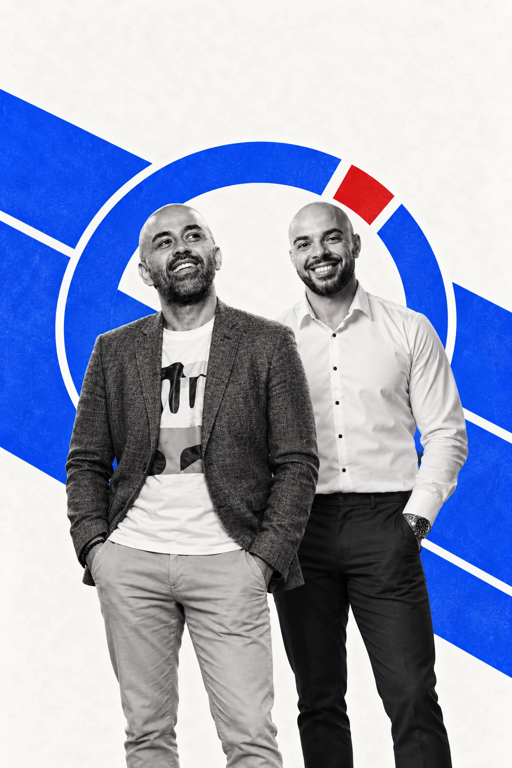 Yannick et Taoufik en noir et blanc devant des formes bleues, illustration créée par IA.