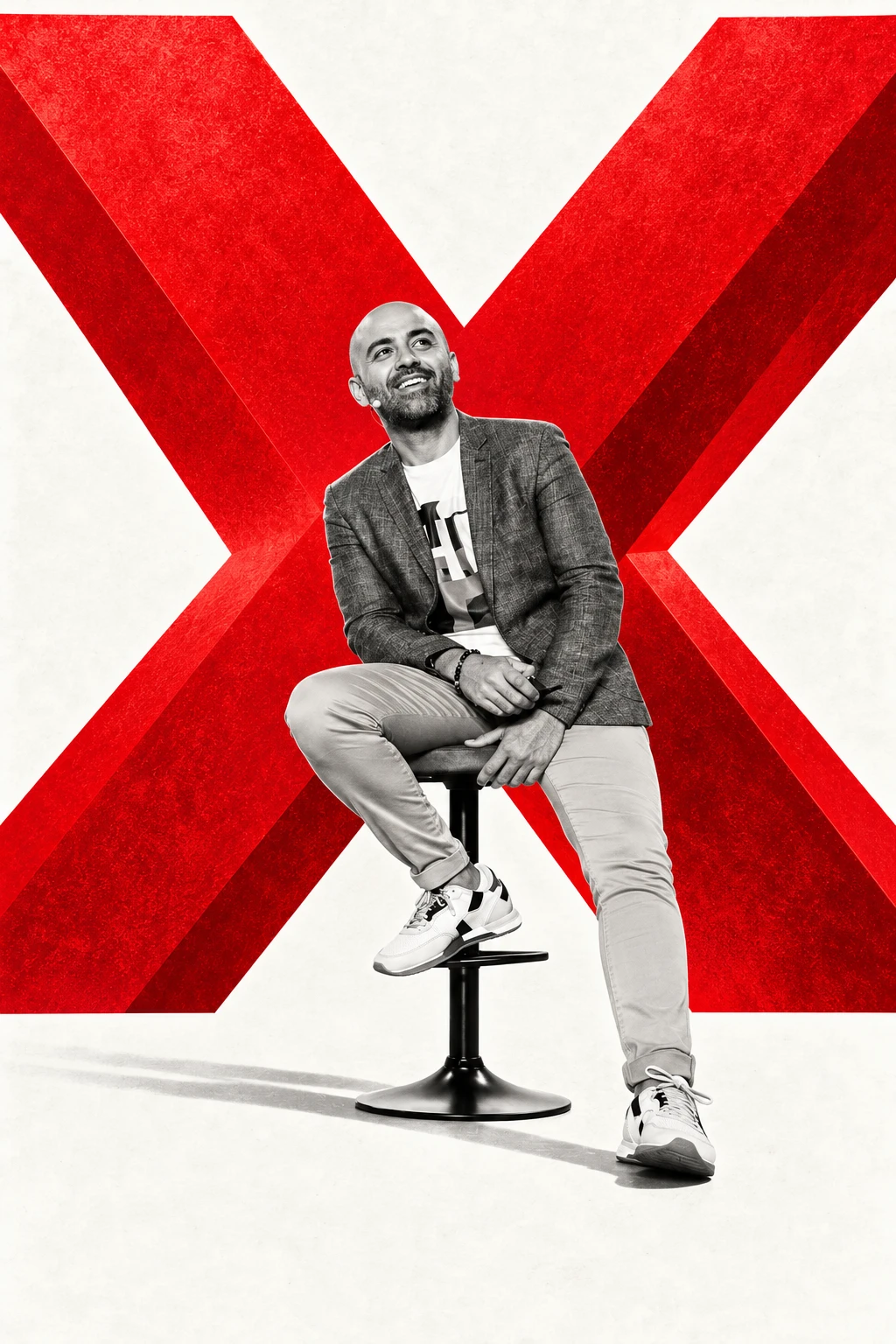 Yannick en noir et blanc devant un grand X rouge, illustration créée par IA.