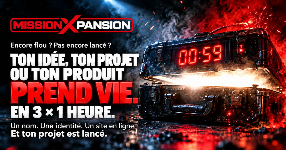 Mission XPANSION. Encore flou ? Pas encore lancé ? Ton idée, ton projet ou ton produit prend vie, en 3 × 1 heure. Un nom, une identité, un site en ligne.