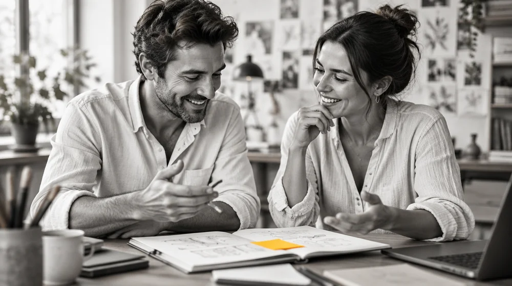 Deux entrepreneurs partagent une idée avec le sourire, scène illustrative créée par IA.