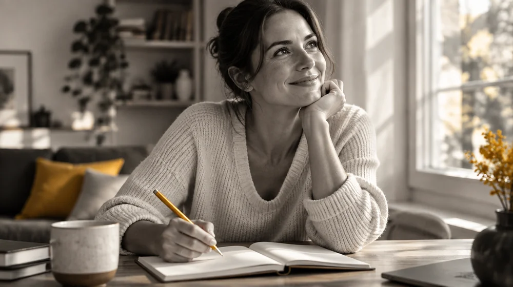 Une future entrepreneure sourit devant son carnet, scène illustrative créée par IA.