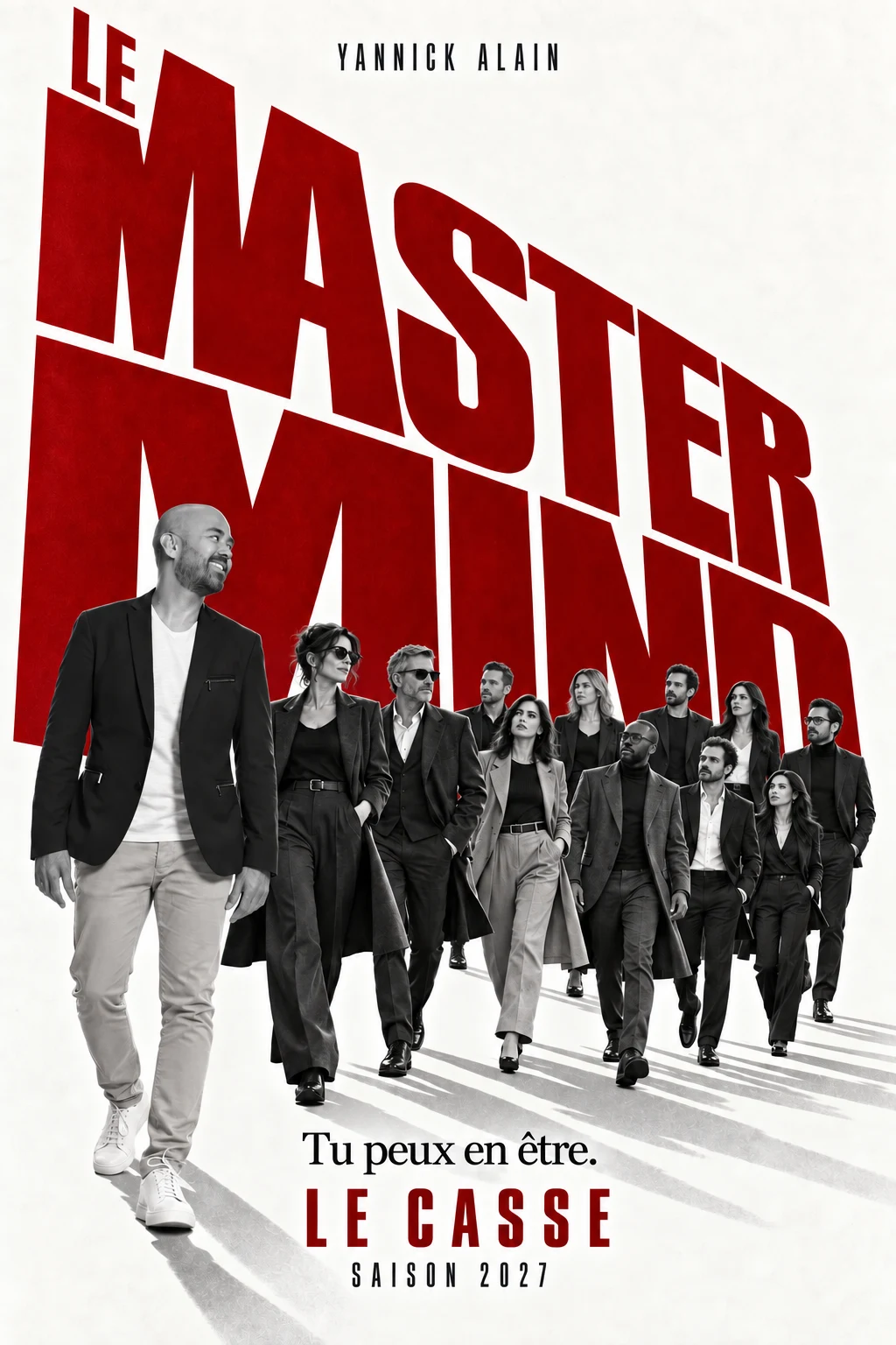 Le Mastermind. Yannick et onze personnages en noir et blanc devant une typographie bordeaux. Tu peux en être. Le Casse, saison 2027.